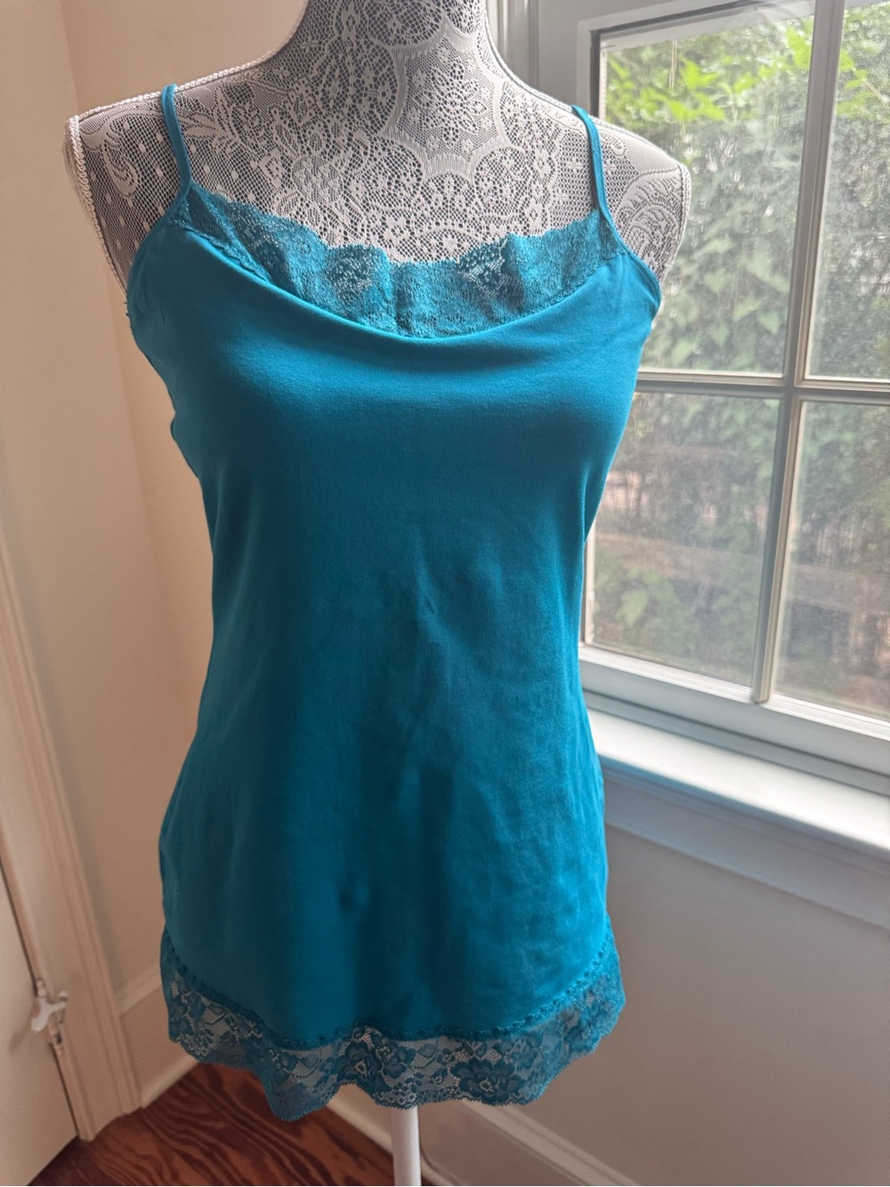 Women’s Lace Trim Cami Tank Top - Teal w/ Shelf Bra Sz. L Coquette Fairycore